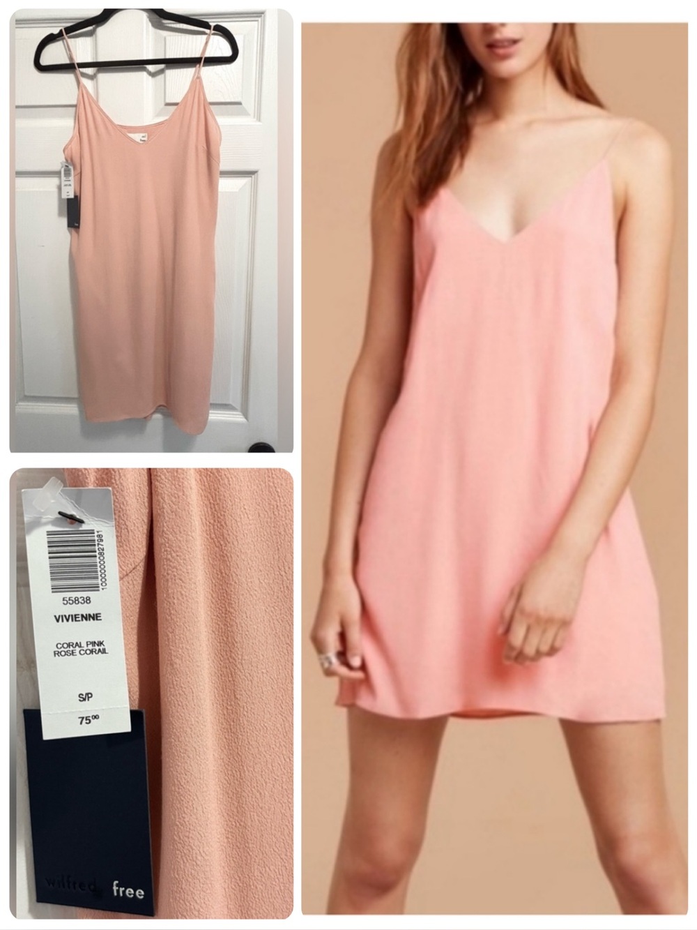 NWT Aritzia Wilfred Free VIVIENNE Camisole Slip Dress Coral Pink Size Small NEW